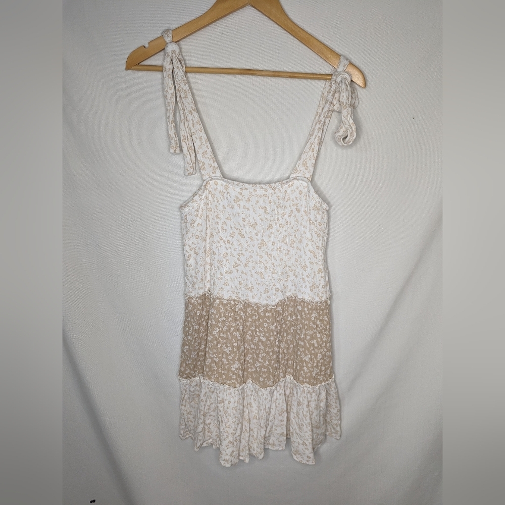 Anthropologie Lazy Sundays Tan White Ditsy Floral Knot Tie Tank Lined Dress Sz M